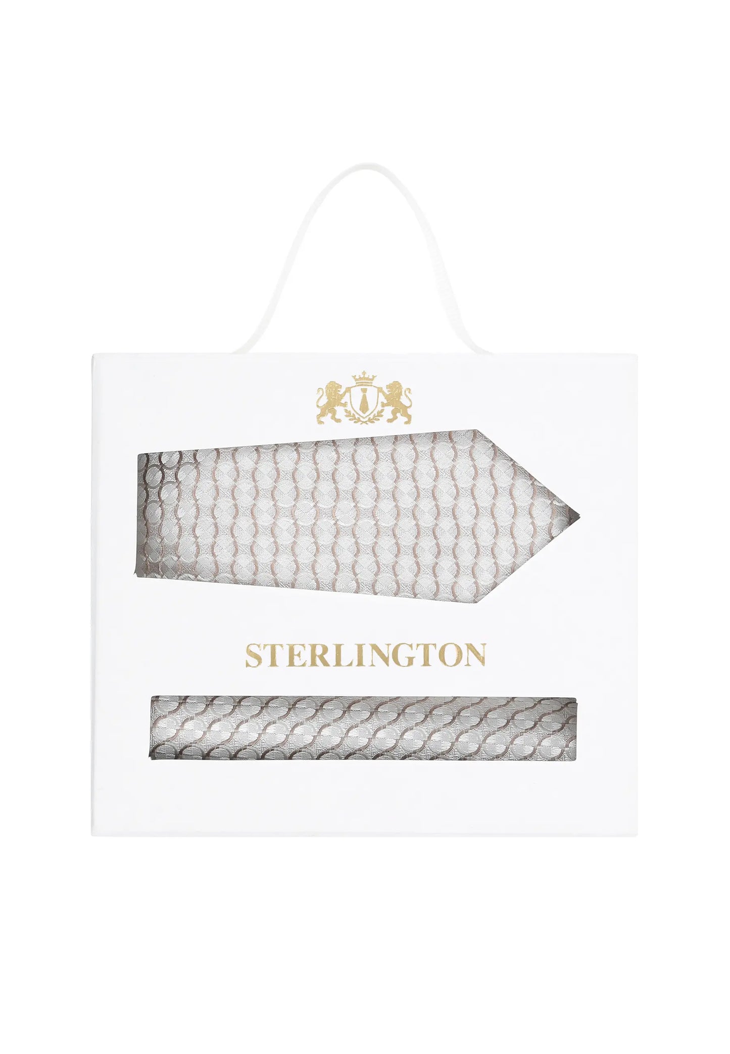 (Beige) Krawatte Einstecktuch Set Kreise Seide – Sterlington Geschenkbox Frontalansicht