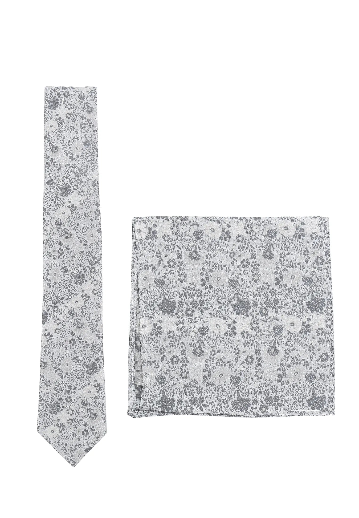(Silber) Krawatte und Einstecktuch Set Hochzeit Floral – Krawatte und Tuch ausgelegt