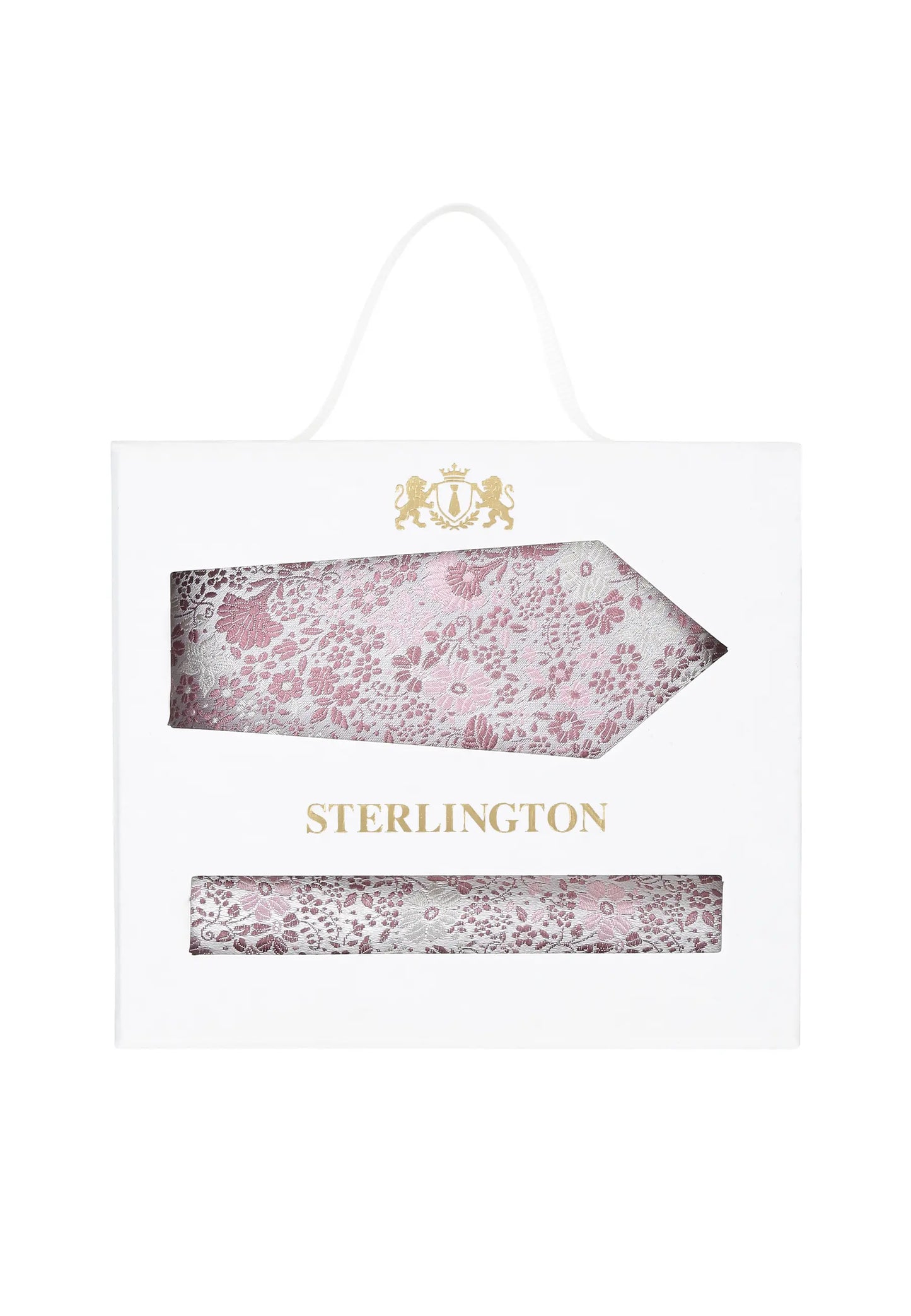 (Rosa) Krawatte Einstecktuch Set Floral Seide – Sterlington Geschenkbox Frontalansicht