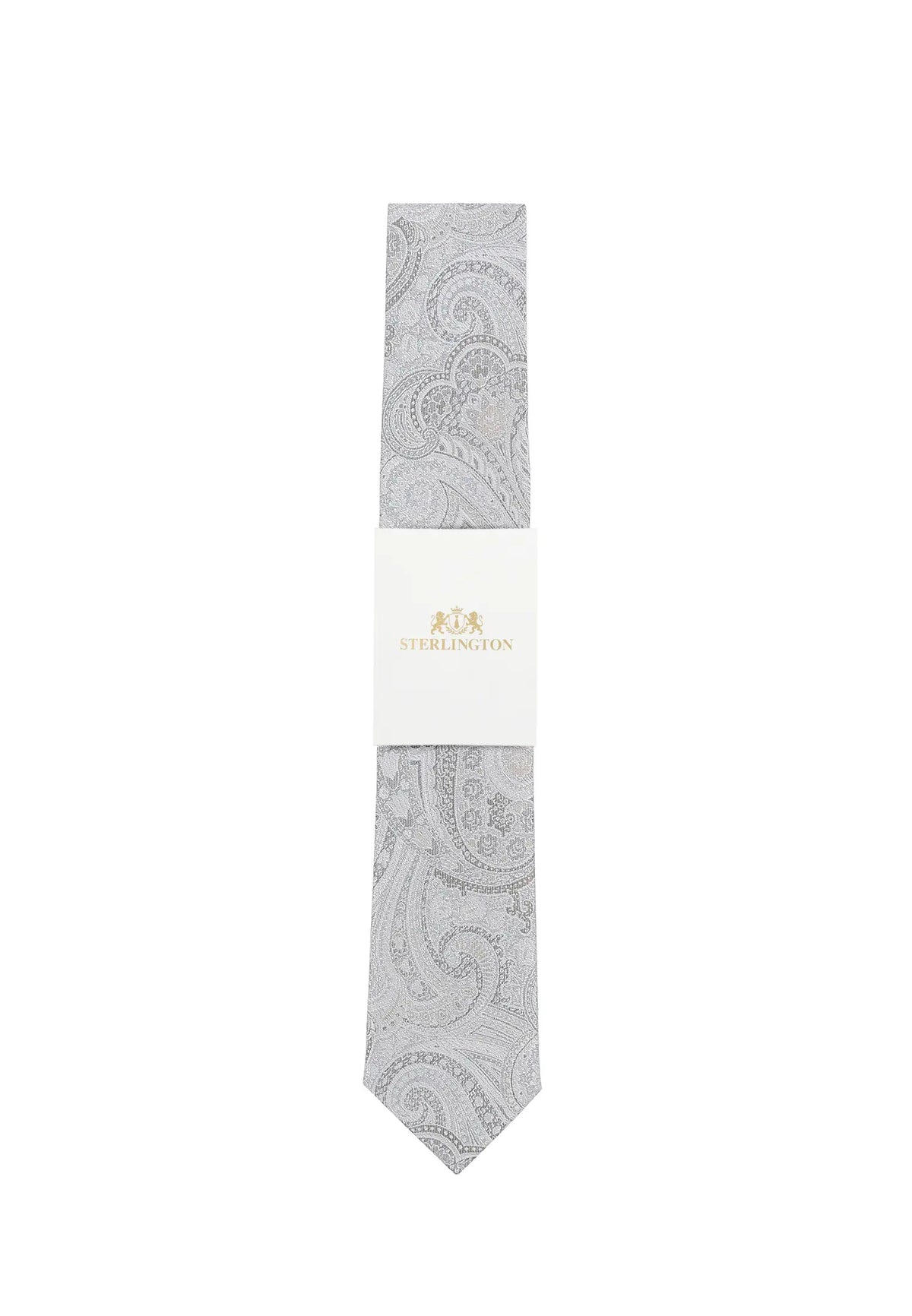 (Silber) Hochzeitskrawatte Sterlington Paisley – mit Banderole Gesamtansicht
