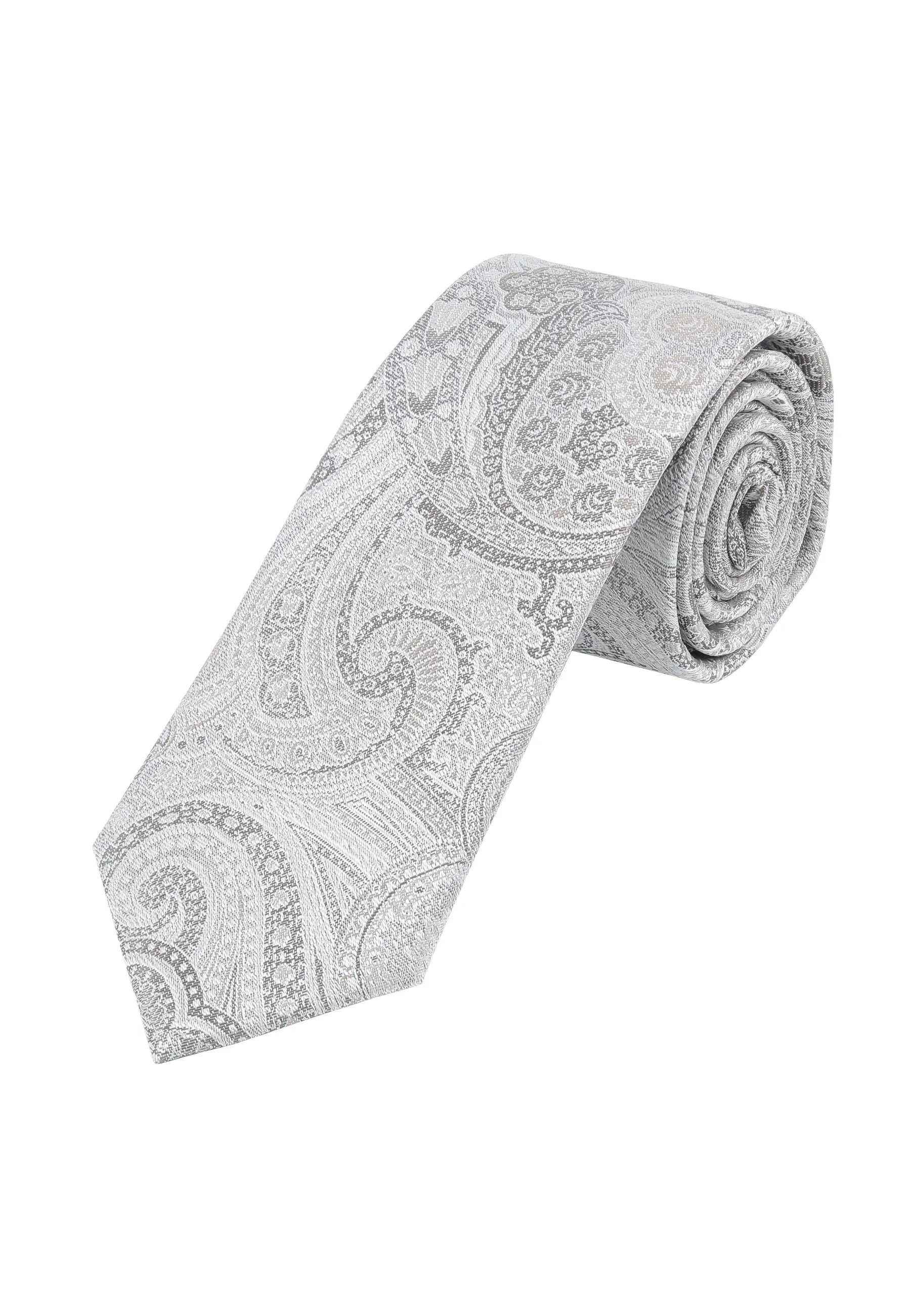 (Silber) Hochzeitskrawatte Herren Paisley Seide – gerollt Gesamtansicht