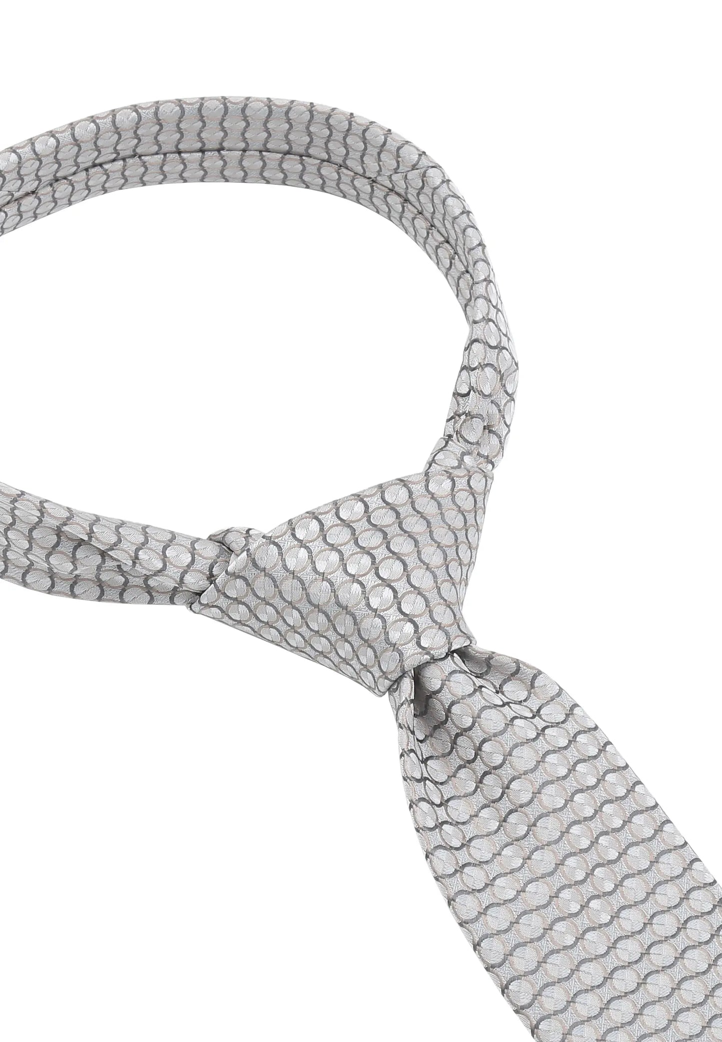 (Silber) Hochzeitskrawatte Kreise – Detailansicht gebundener Knoten