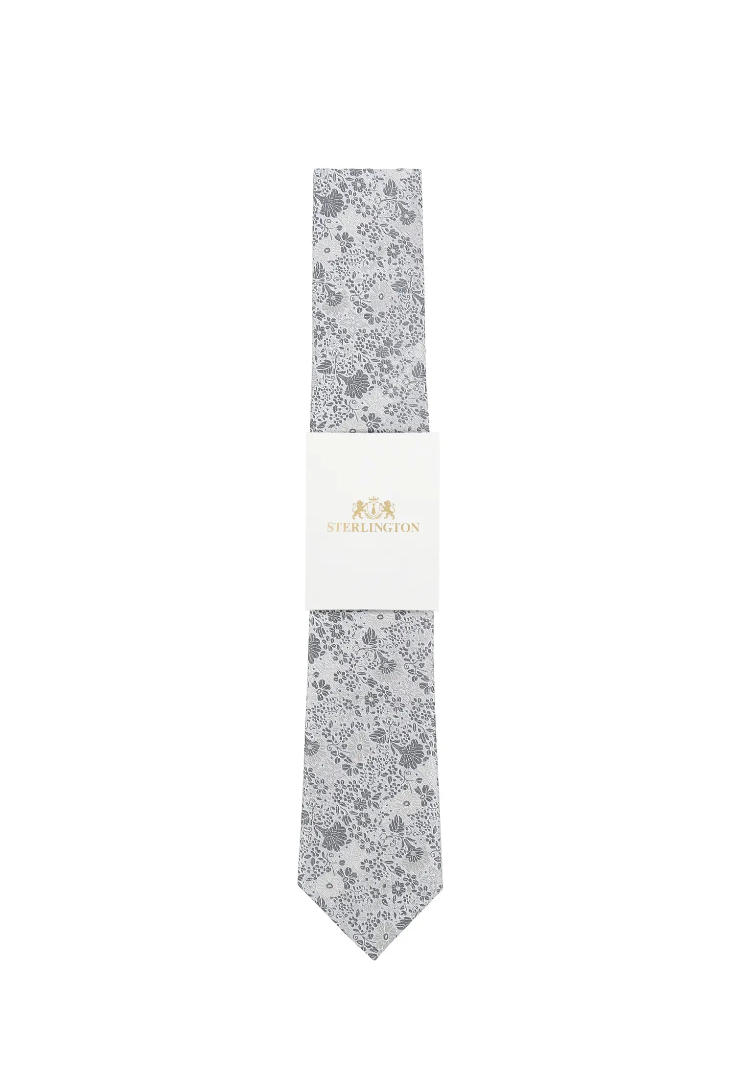 (Silber) Hochzeitskrawatte Sterlington Floral – mit Banderole Gesamtansicht