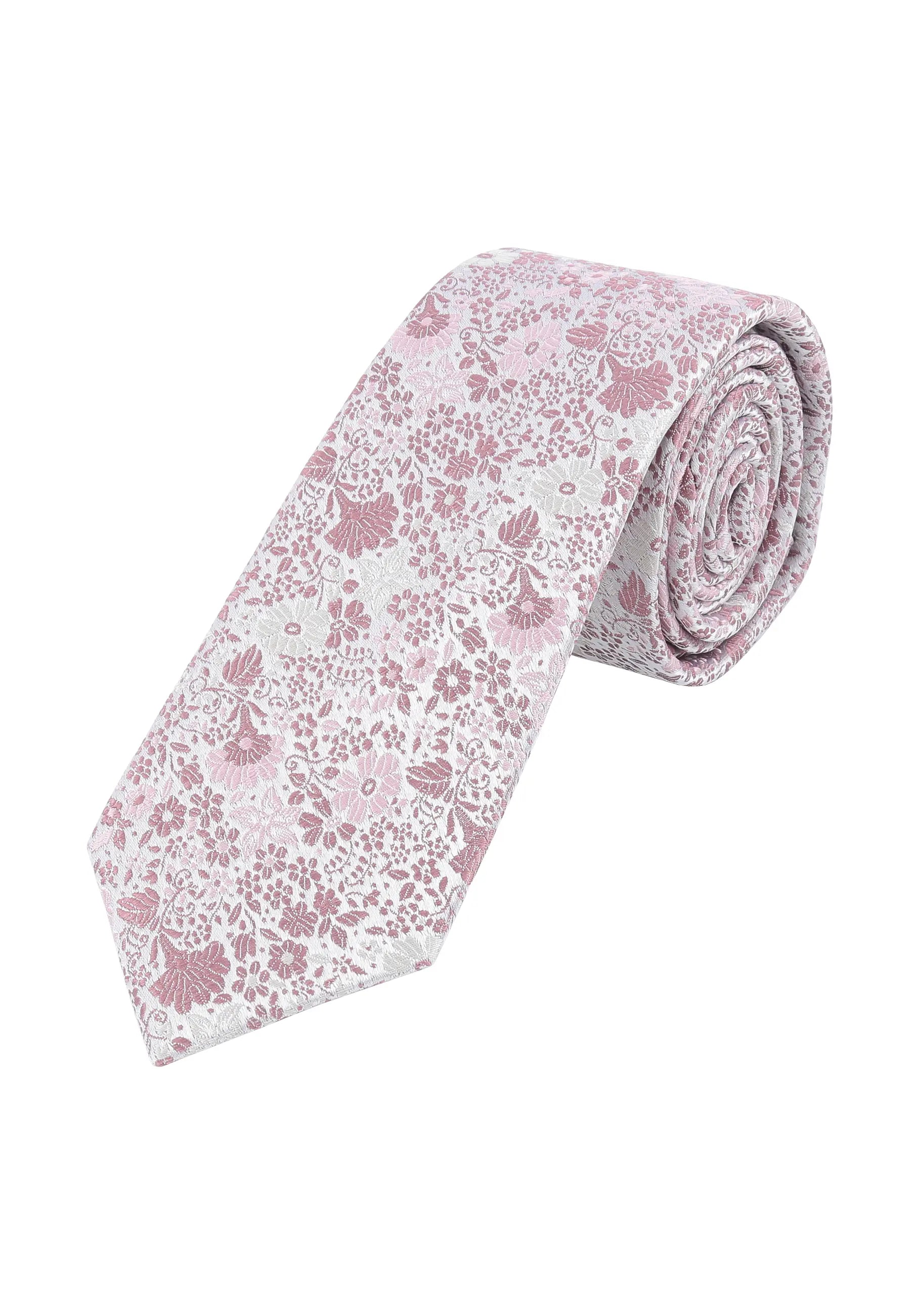 (Rosa) Hochzeitskrawatte Herren Floral Seide – gerollt Gesamtansicht