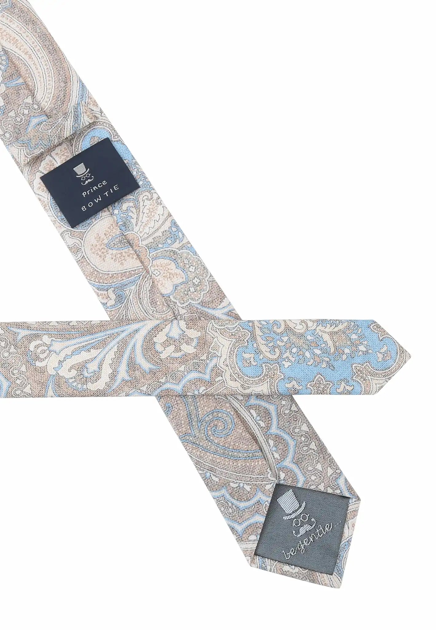 (Beige) Krawatte Paisley Baumwolle – Rückseite mit Prince Bowtie Label