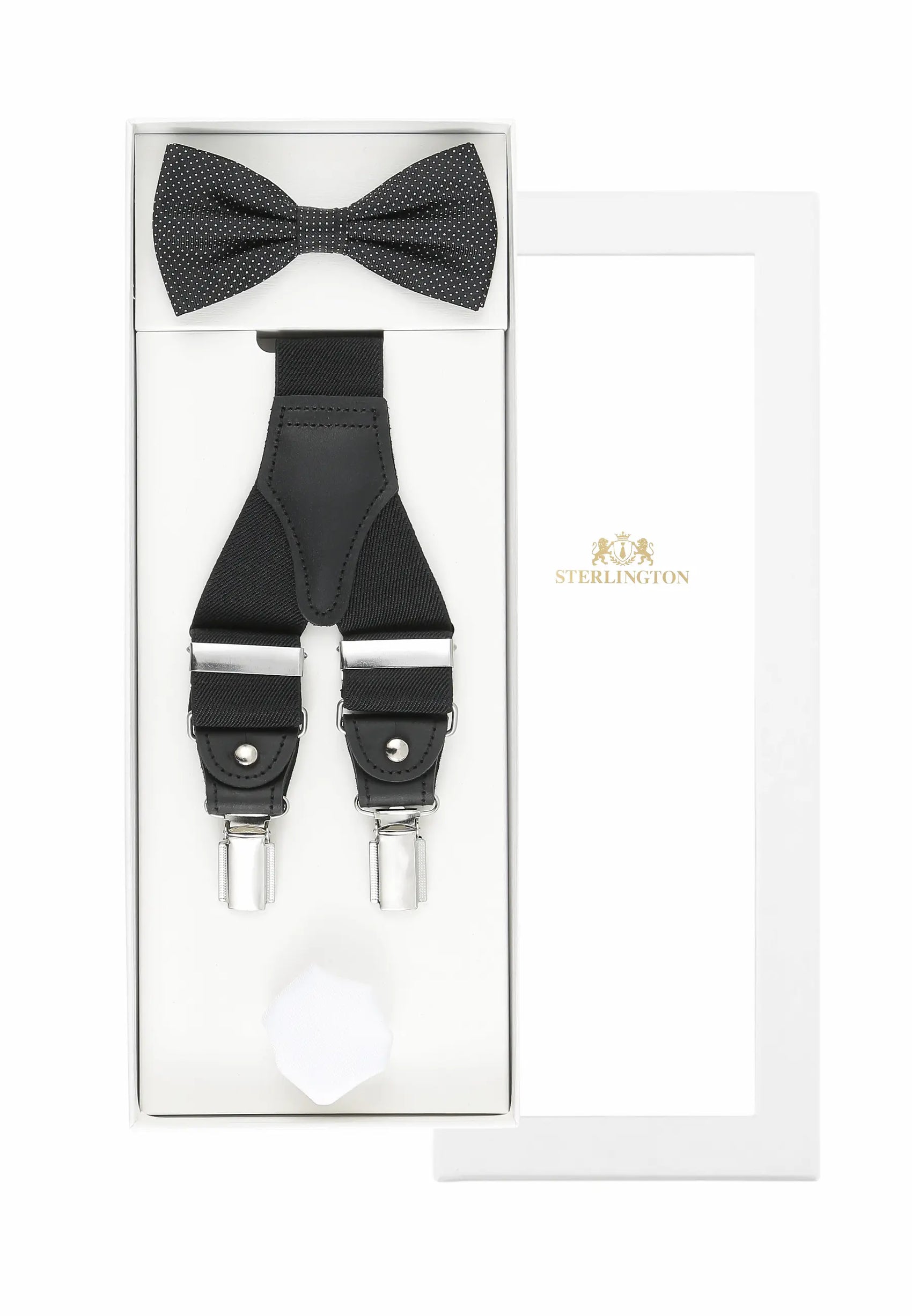 (Schwarz) Hosenträger Set Herren mit Fliege und Einstecktuch – Sterlington Geschenkbox