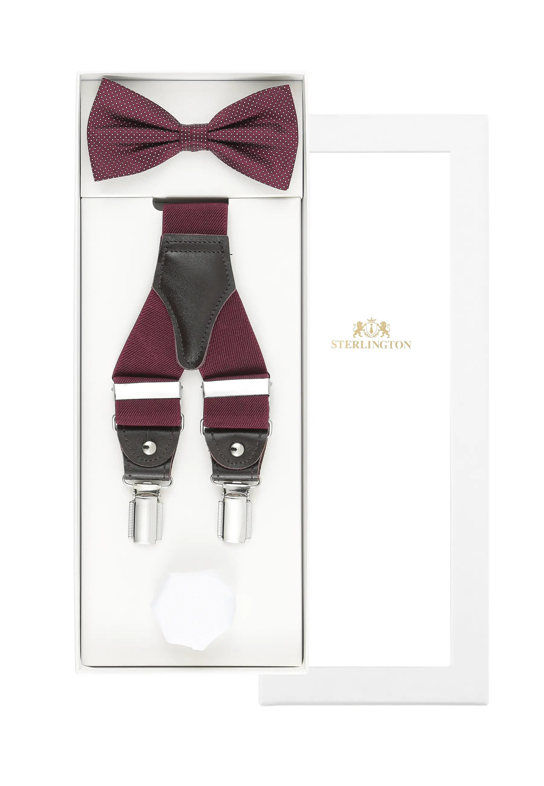 (Bordeaux) Hosenträger Set Herren mit Fliege und Einstecktuch – Sterlington Geschenkbox