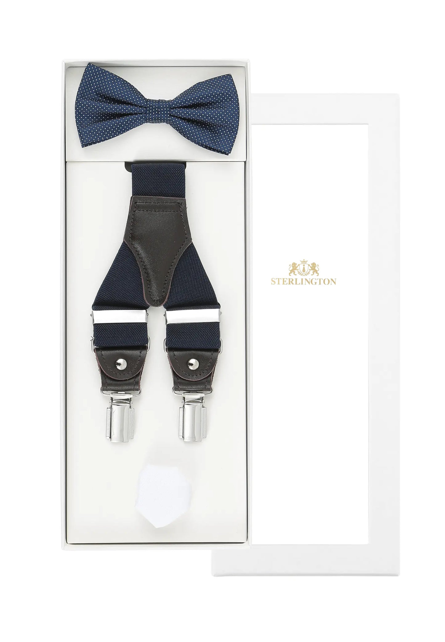 (Dunkelblau) Hosenträger Set Herren mit Fliege und Einstecktuch – Sterlington Geschenkbox