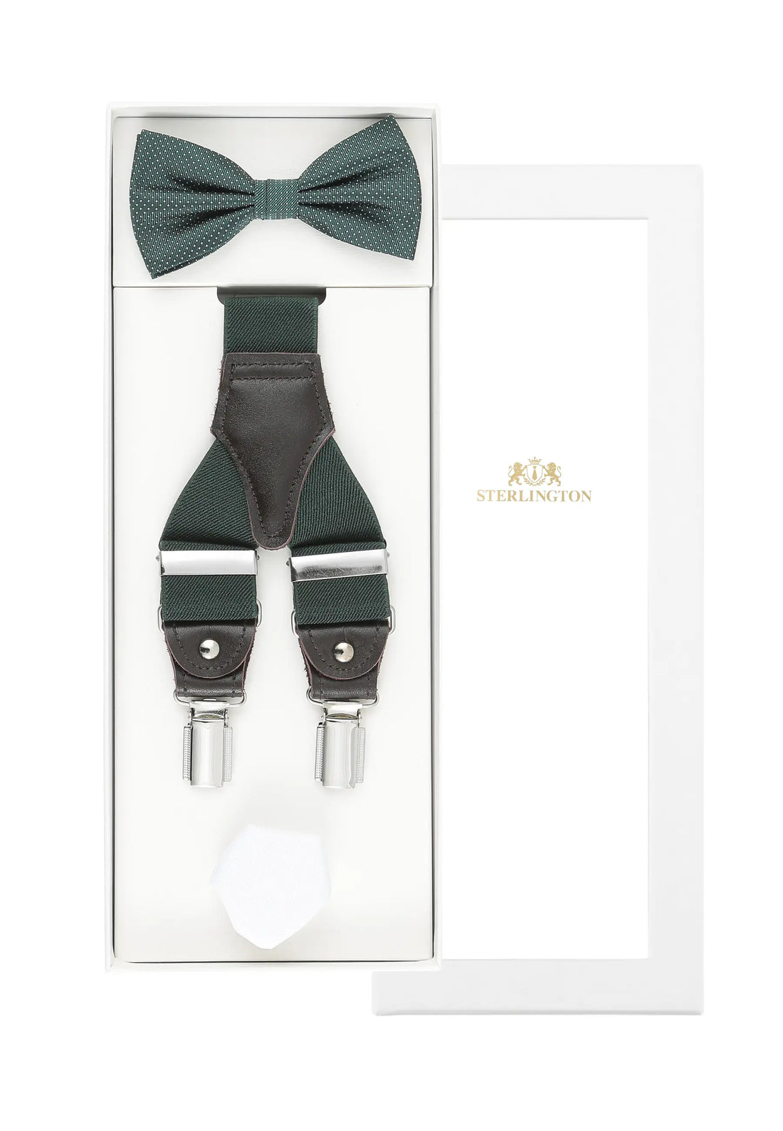 (Dunkelgrün) Hosenträger Set Herren mit Fliege und Einstecktuch – Sterlington Geschenkbox