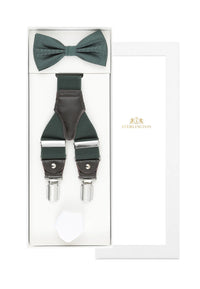 (Dunkelgrün) Hosenträger Set Herren mit Fliege und Einstecktuch – Sterlington Geschenkbox