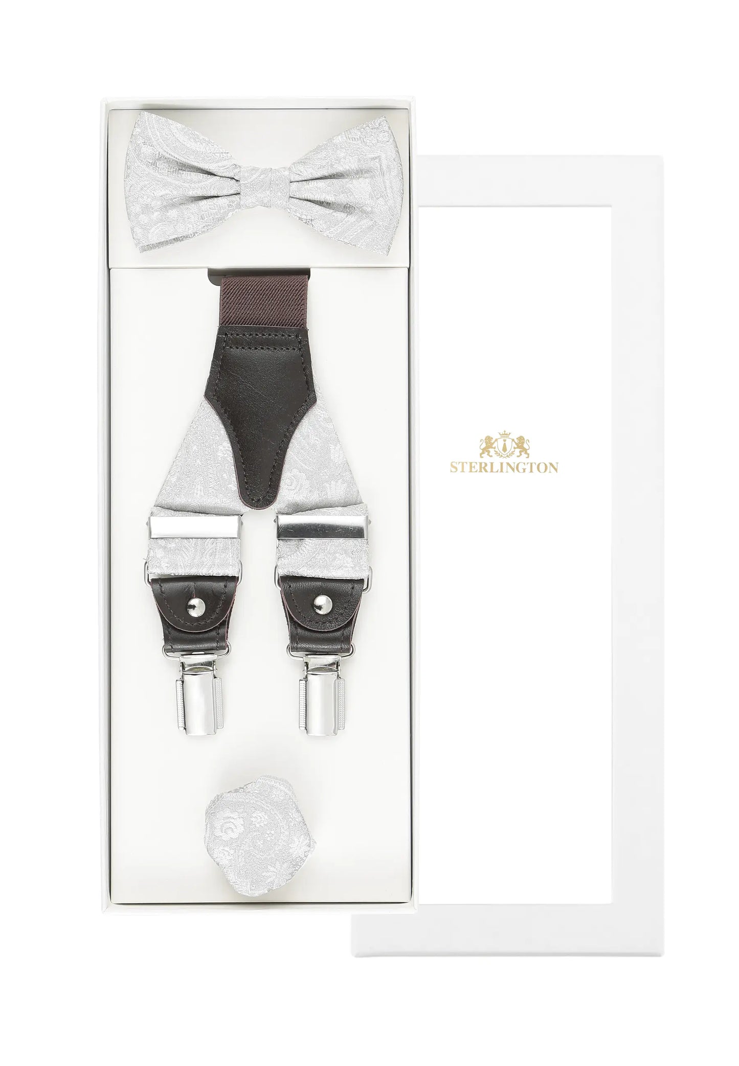 (Champagner) Hosenträger Set Hochzeit Paisley mit Fliege und Einstecktuch – Sterlington Geschenkbox