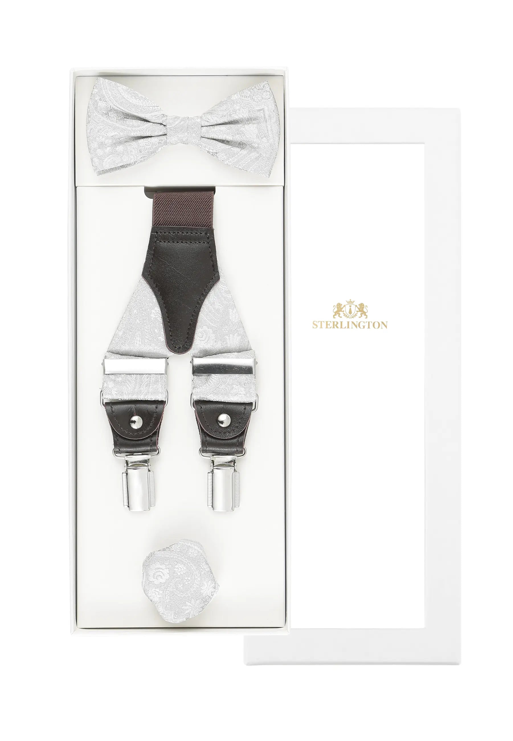 (Champagner) Hosenträger Set Hochzeit Paisley mit Fliege und Einstecktuch – Sterlington Geschenkbox