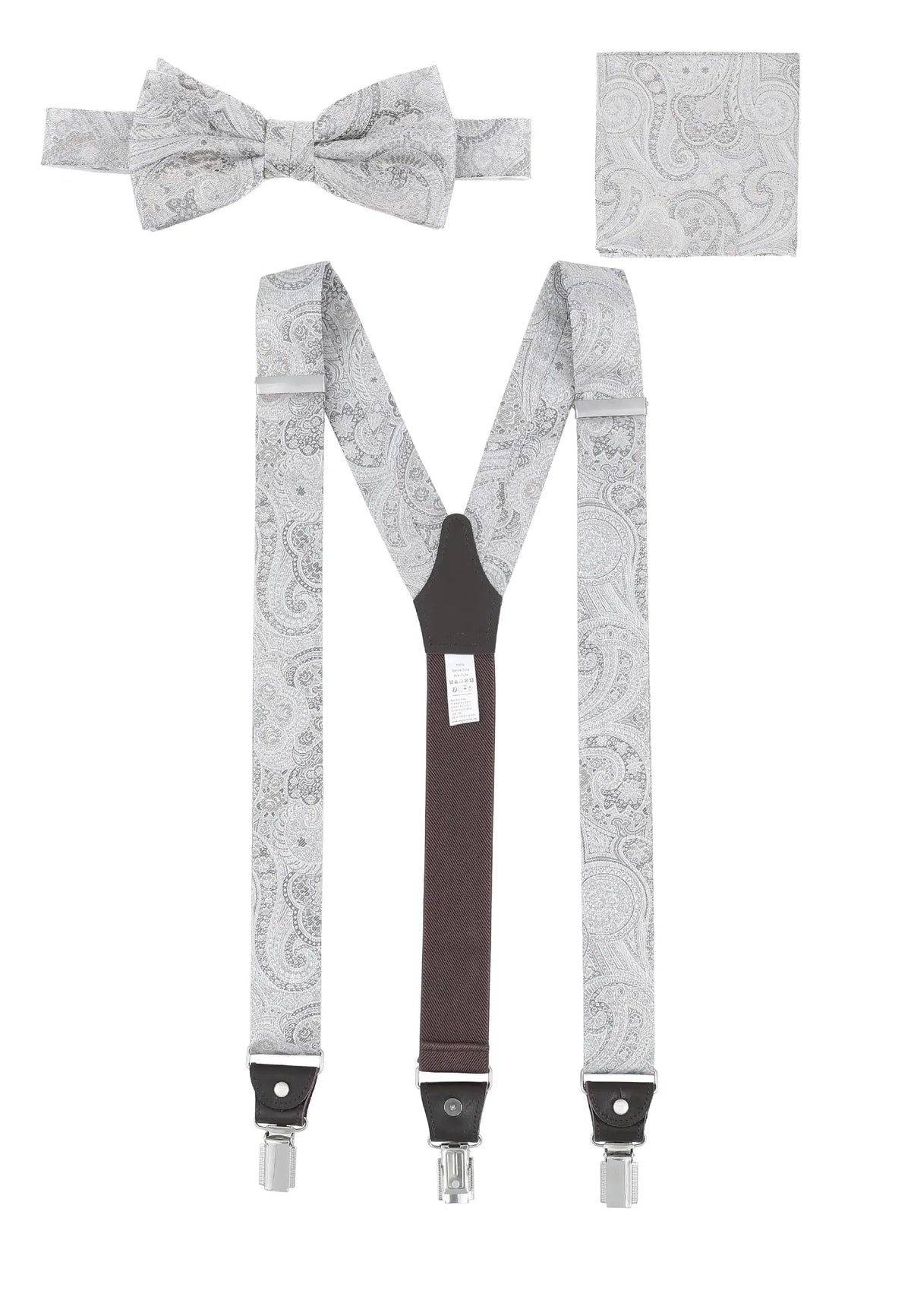 (Silber) Hosenträger Set Paisley Seide mit Fliege und Einstecktuch – Gesamtansicht Y-Form