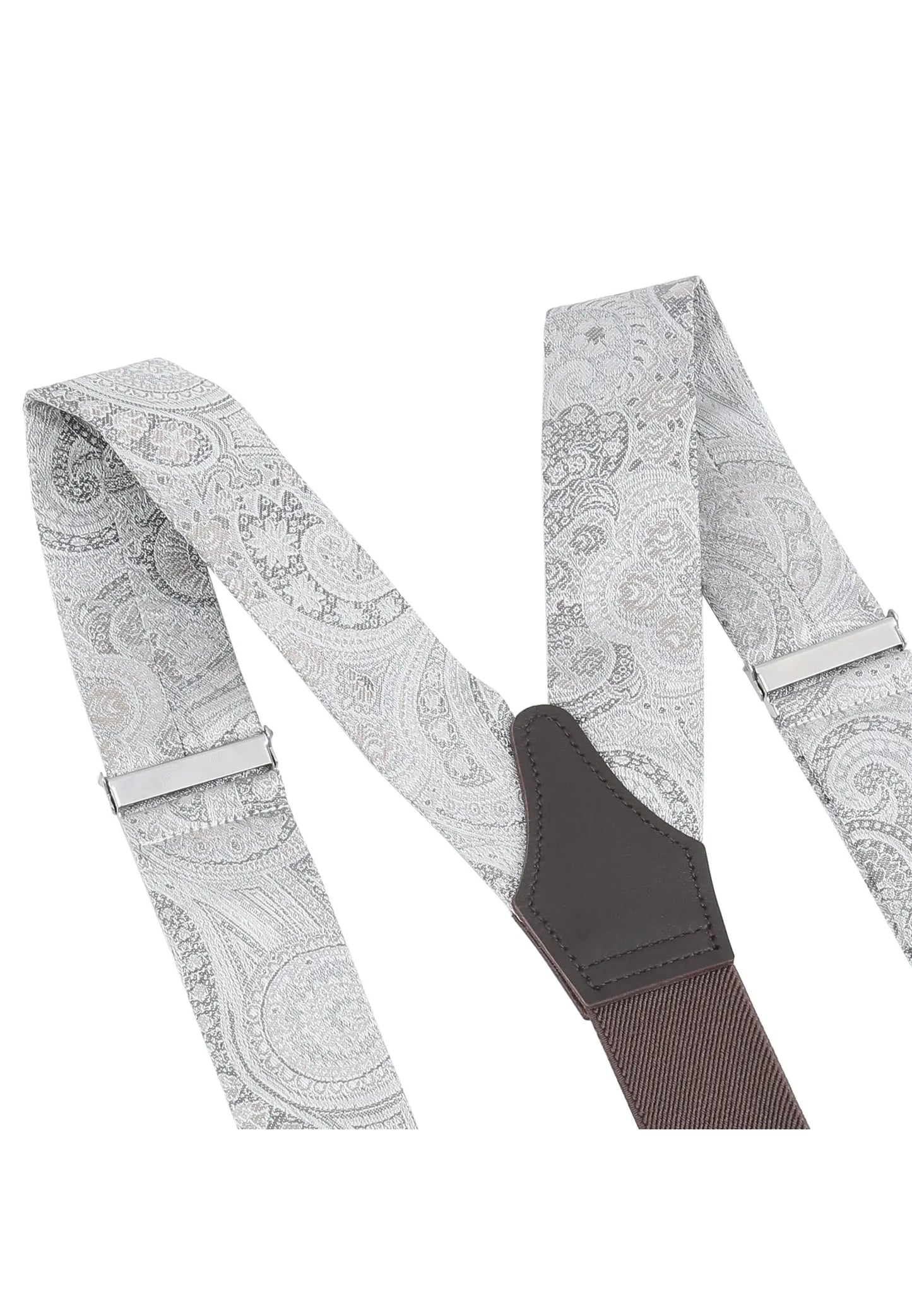 (Silber) Hosenträger Paisley Seide Detailansicht – Rückenteil mit echtem Rindsleder
