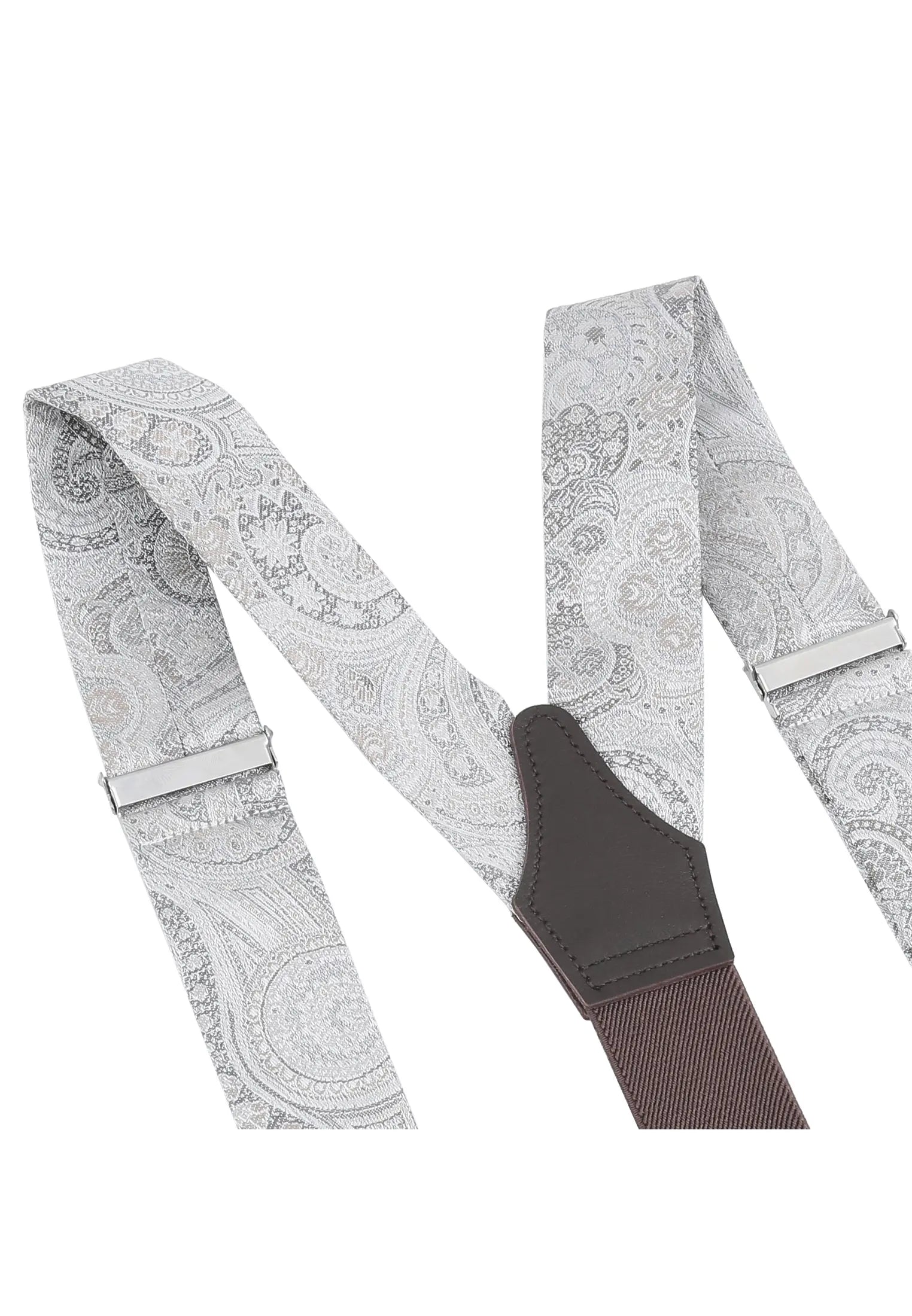 (Silber) Hosenträger Paisley Seide Detailansicht – Rückenteil mit echtem Rindsleder