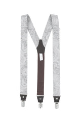 (Silber) Hosenträger Herren Paisley Seide – Y-Form Rückansicht mit Clips und Lederdetails