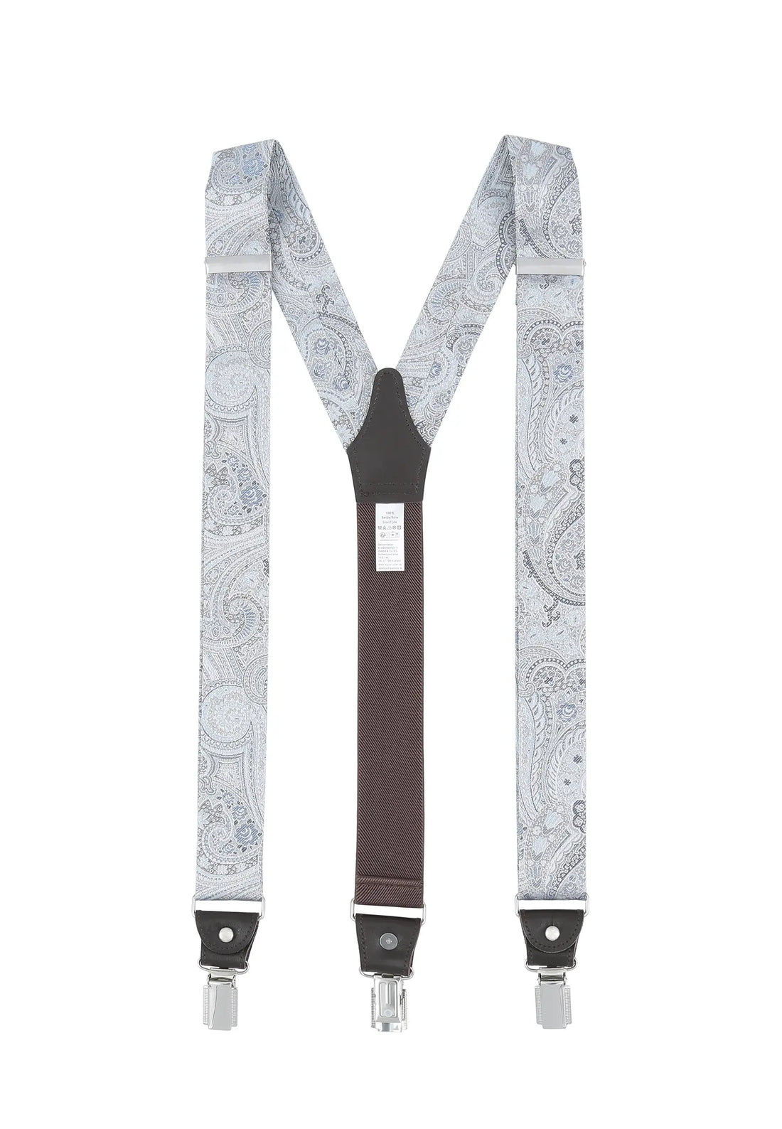 (Blau) Hosenträger Herren Paisley Seide – Y-Form Rückansicht mit Clips und Lederdetails
