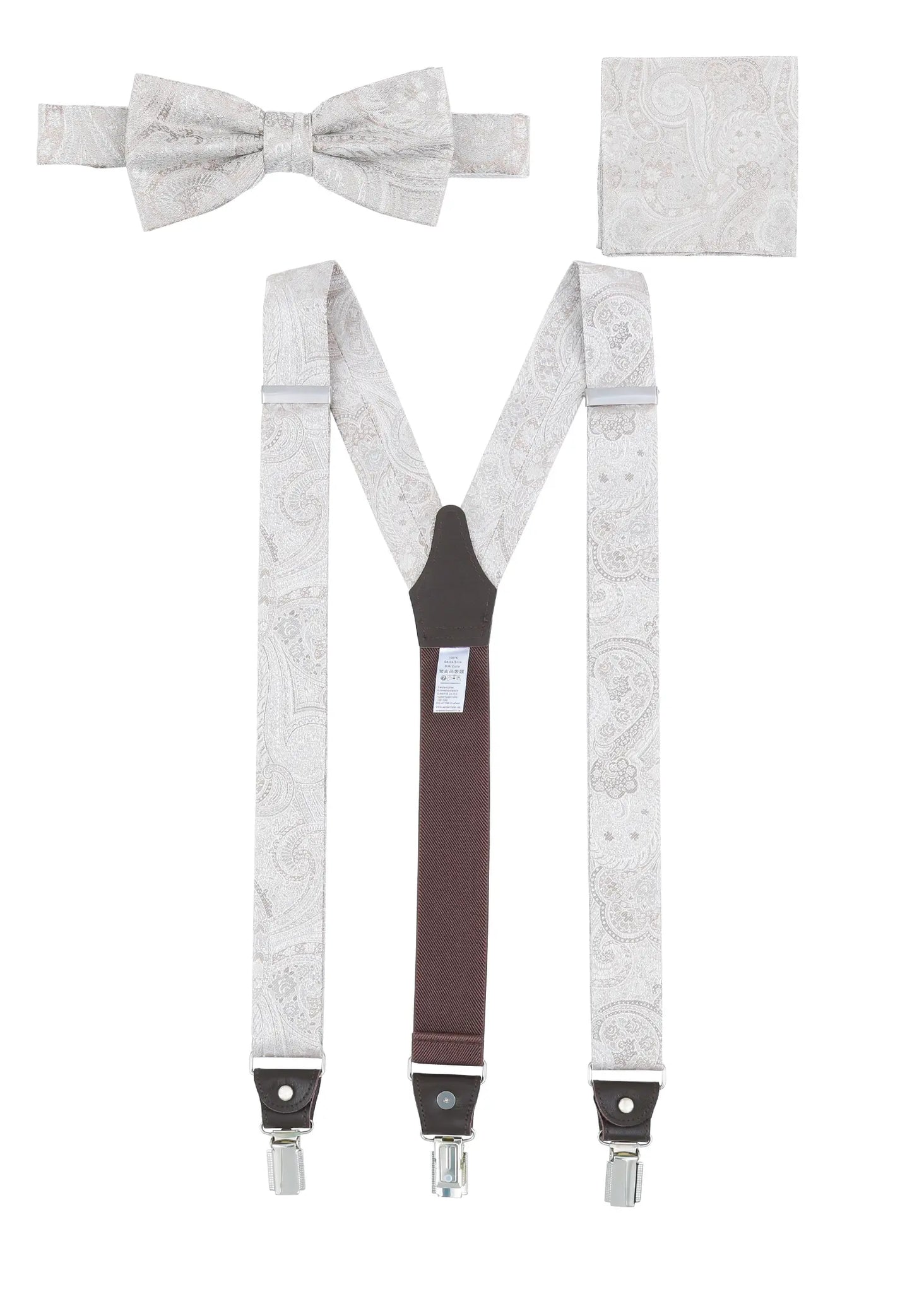 (Beige) Hosenträger Set Paisley Seide mit Fliege und Einstecktuch – Gesamtansicht Y-Form