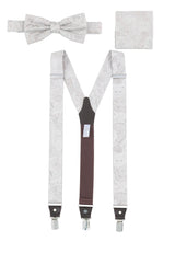 (Beige) Hosenträger Set Paisley Seide mit Fliege und Einstecktuch – Gesamtansicht Y-Form