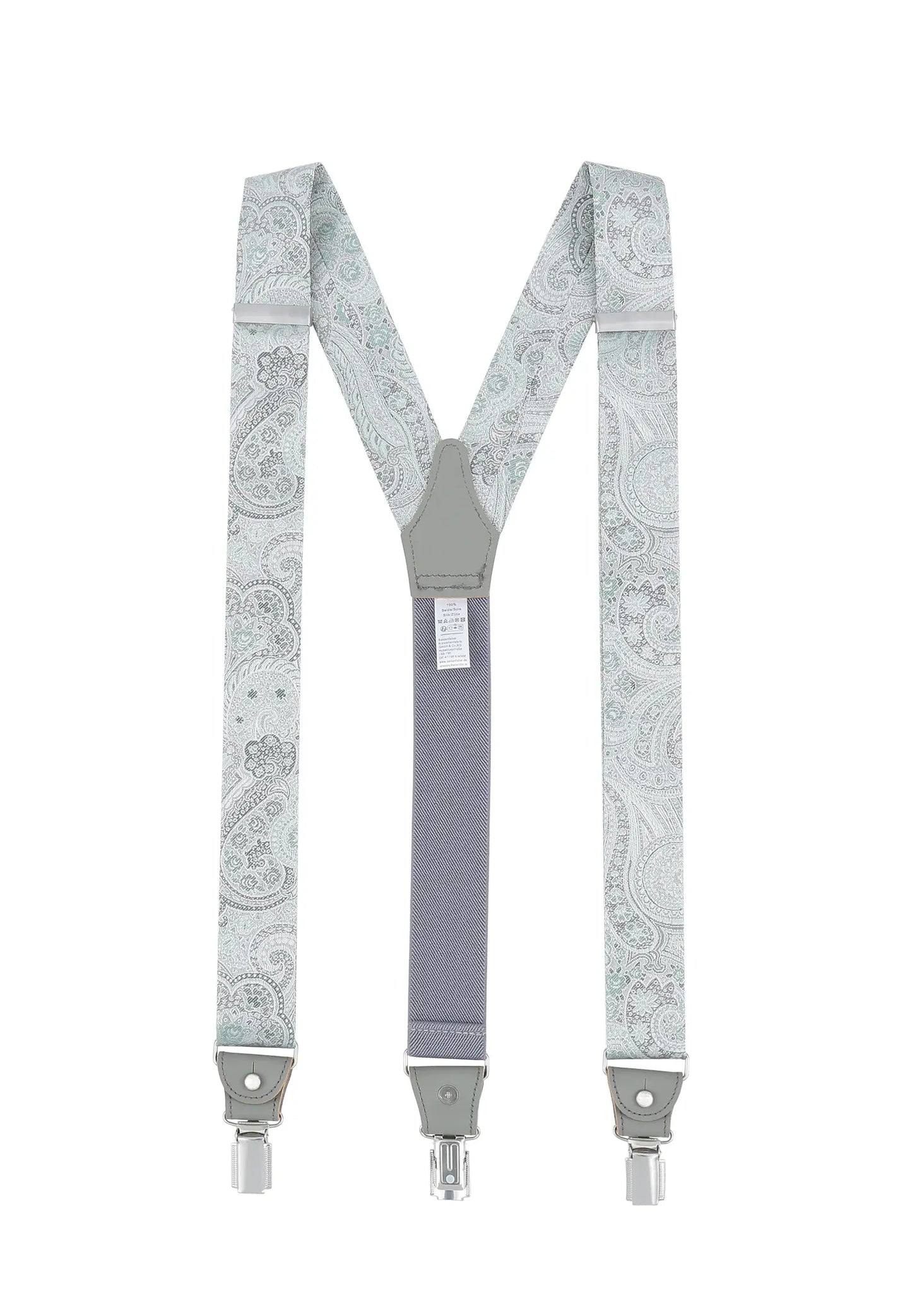 (Grün) Hosenträger Herren Paisley Seide – Y-Form Rückansicht mit Clips und Lederdetails