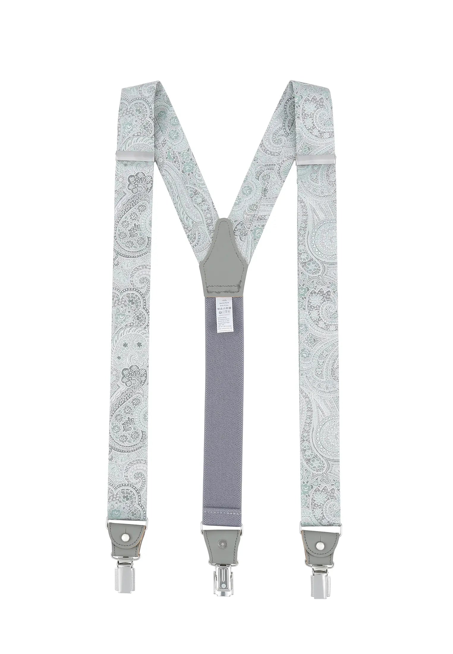 (Grün) Hosenträger Herren Paisley Seide – Y-Form Rückansicht mit Clips und Lederdetails