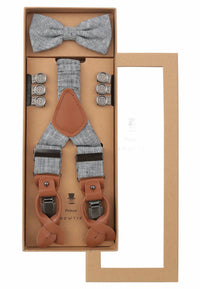 (Blau) Hosenträger Set Herren Leinen mit Fliege – Geschenkbox Prince Bowtie