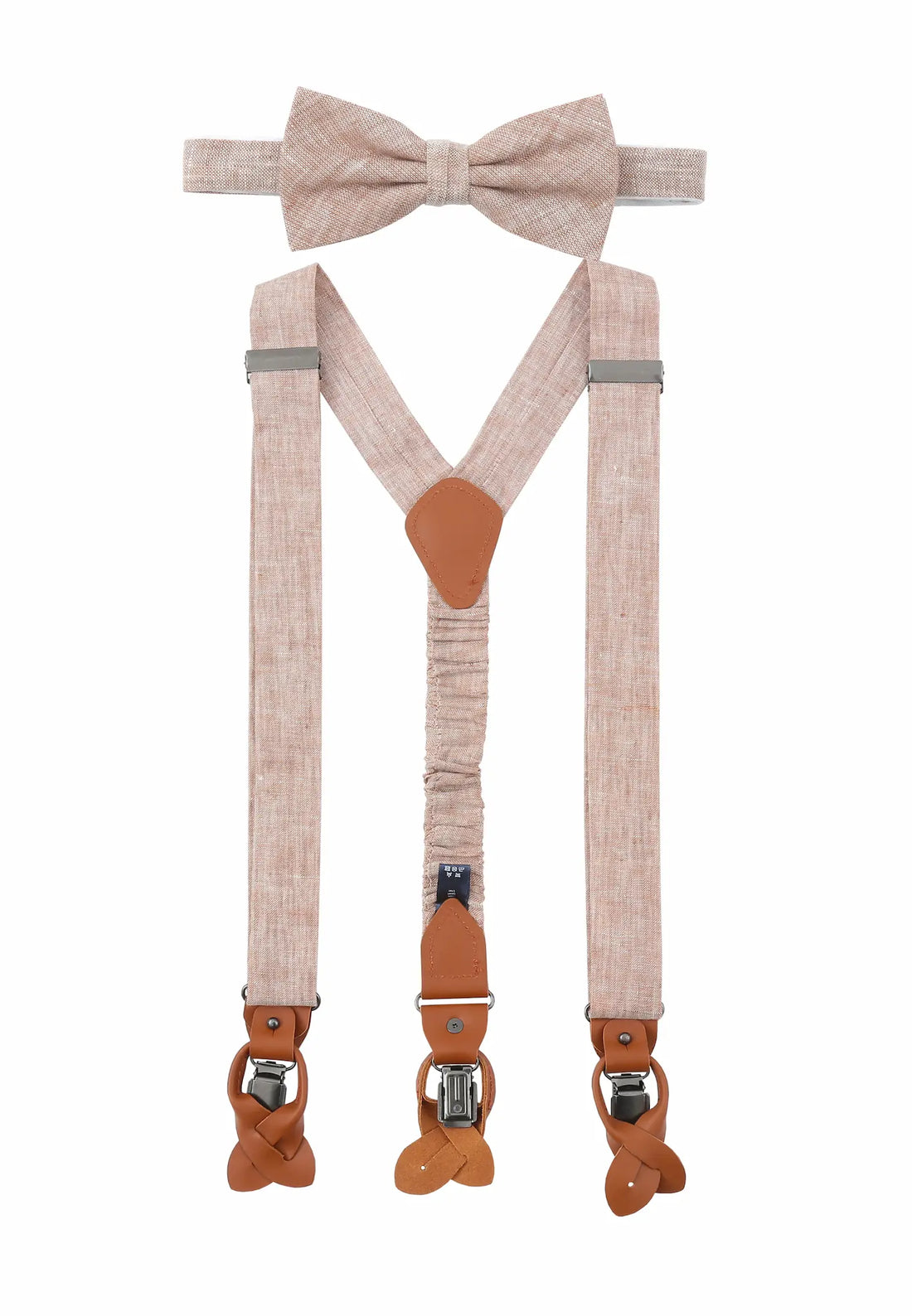 (Beige) Hosenträger und Fliege Herren Leinen – Y-Form mit Lederdetails