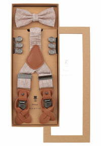 (Beige) Hosenträger Set Herren Leinen mit Fliege – Geschenkbox Prince Bowtie