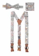 (Grau) Hosenträger Set Blumenmuster mit Fliege und Einstecktuch – Gesamtansicht