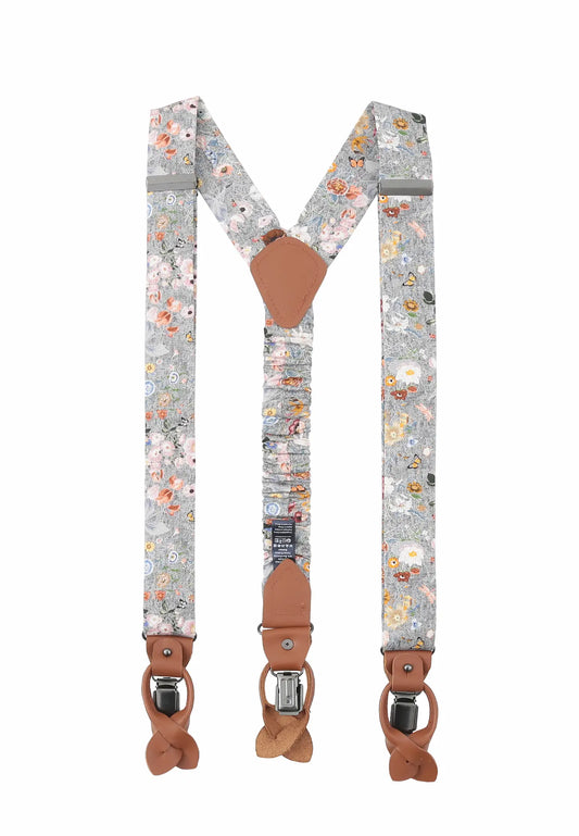 (Grau) Hosenträger Herren Blumenmuster – Rückansicht Y-Form mit Clips