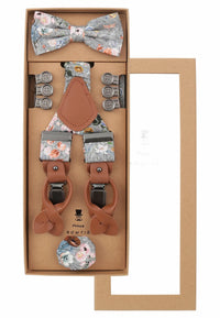 (Grau) Hosenträger Set Herren Blumenmuster mit Fliege – Geschenkbox