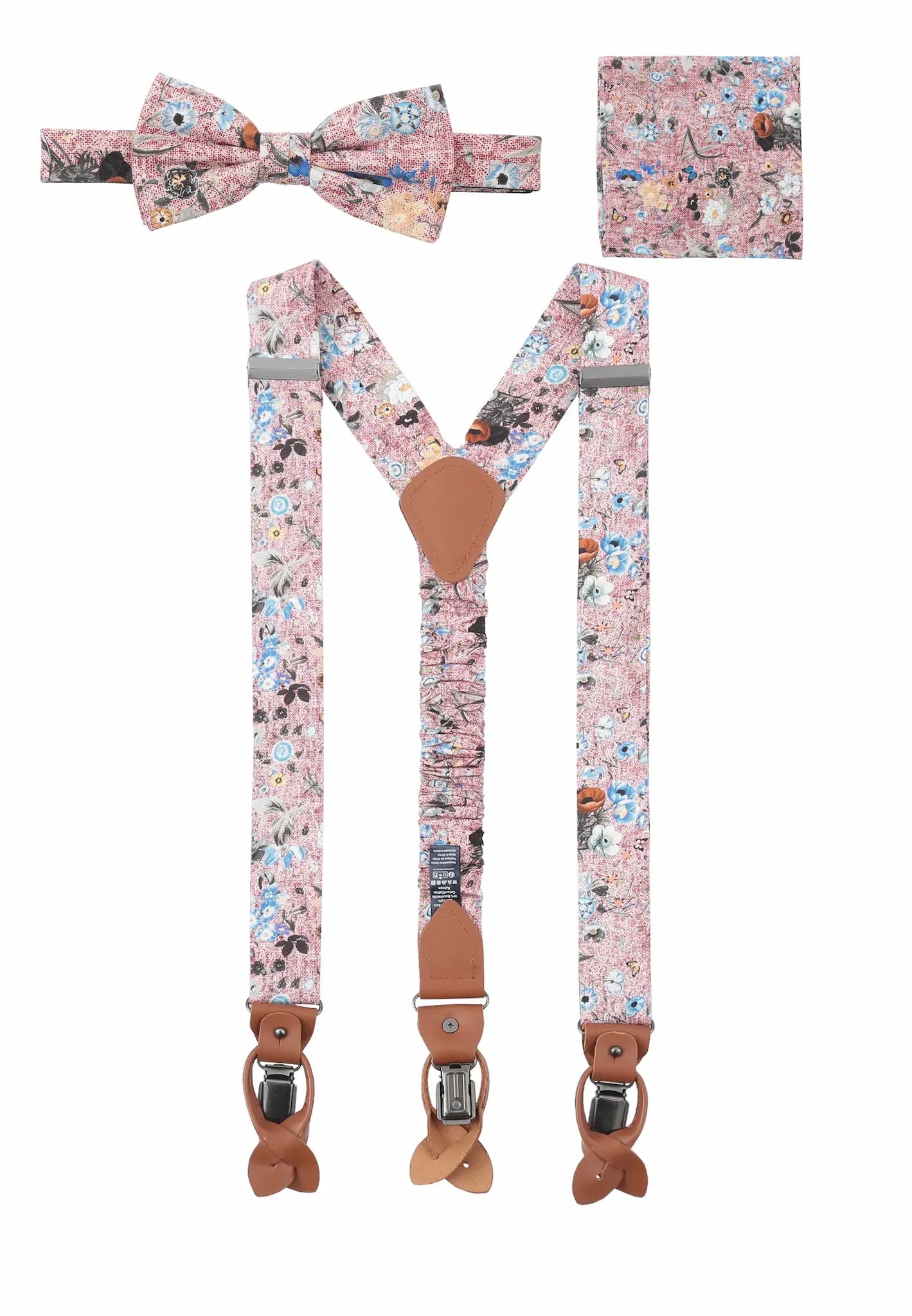 (Rot) Hosenträger Set Blumenmuster mit Fliege und Einstecktuch – Gesamtansicht