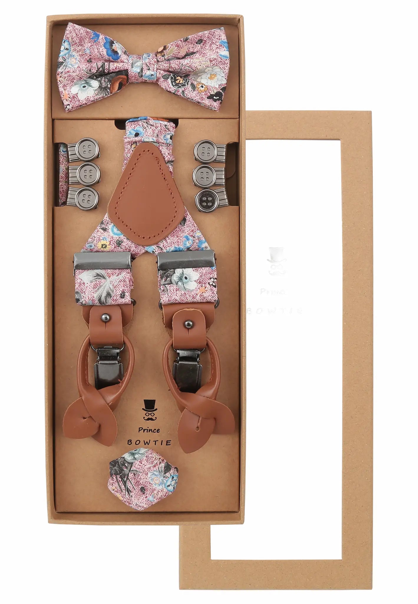 (Rot) Hosenträger Set Herren Blumenmuster mit Fliege – Geschenkbox