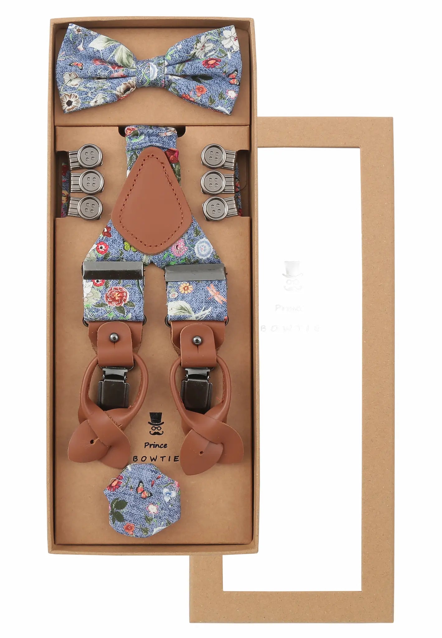 (Blau) Hosenträger Set Herren Blumenmuster mit Fliege – Geschenkbox