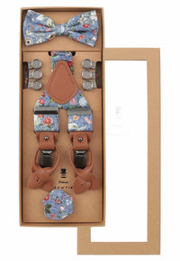 (Blau) Hosenträger Set Herren Blumenmuster mit Fliege – Geschenkbox