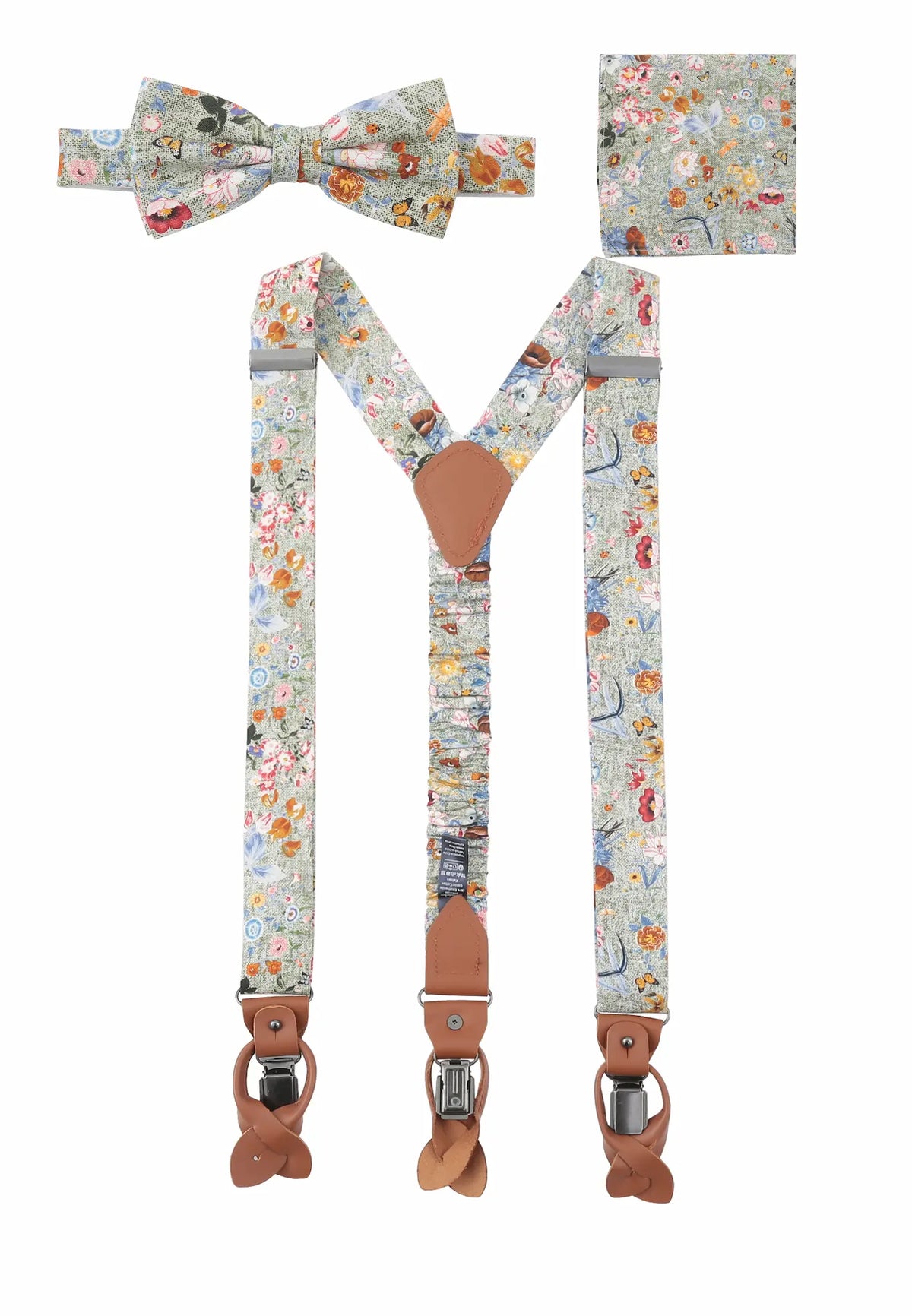 (Grün) Hosenträger Set Blumenmuster mit Fliege und Einstecktuch – Gesamtansicht