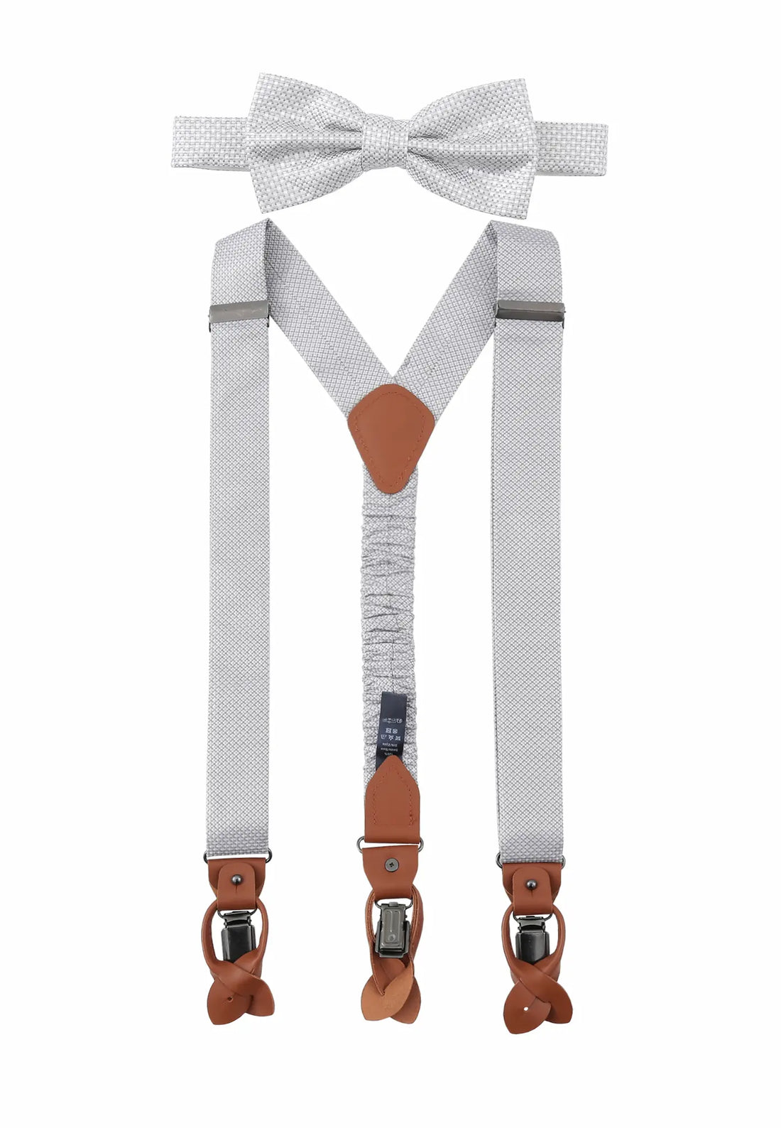 (Silber) Hosenträger und Fliege Herren Mikromuster Seide – Y-Form mit Lederdetails