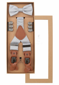 (Silber) Hosenträger Set Herren mit Fliege Mikromuster Seide – Geschenkbox Prince Bowtie