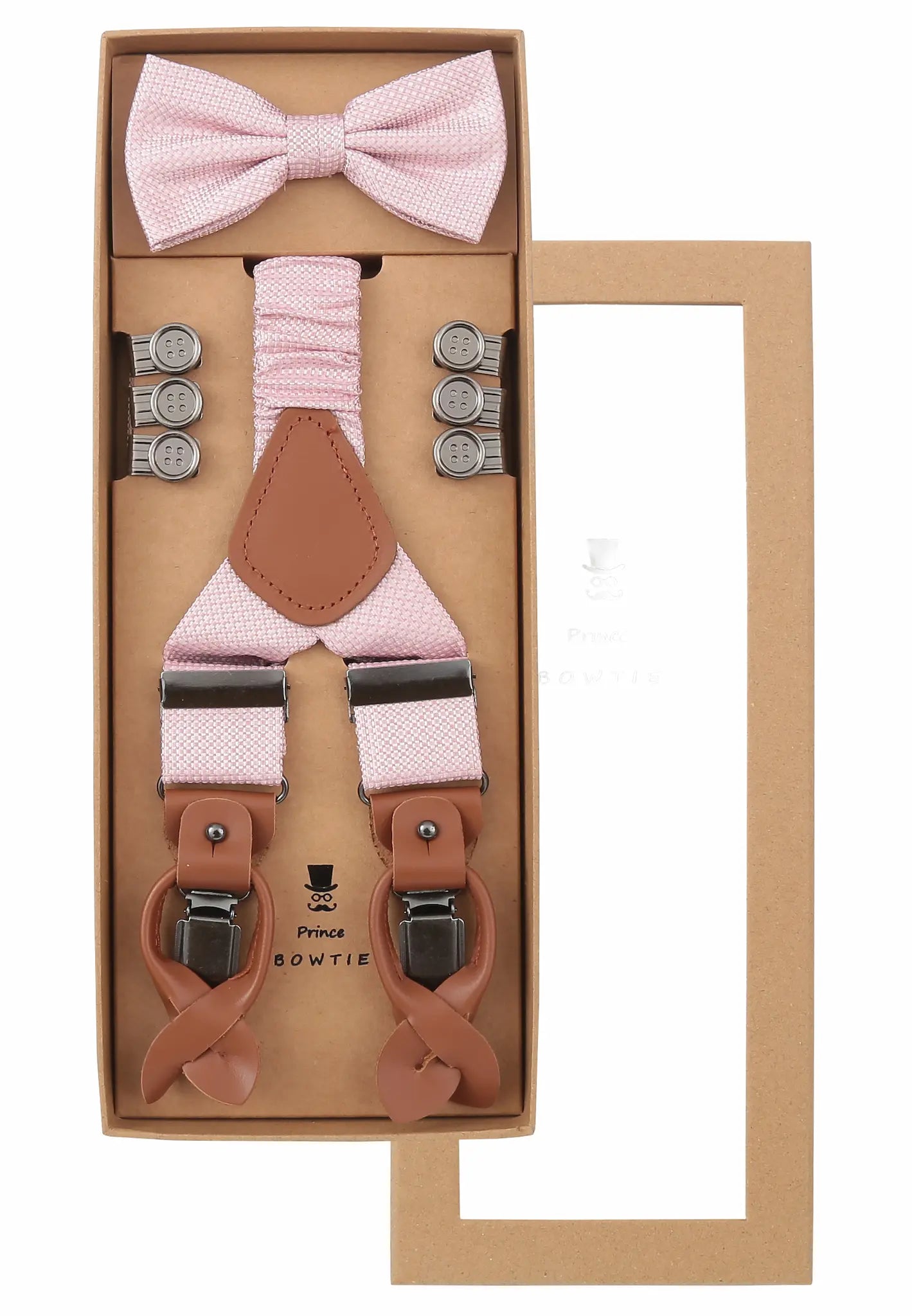 (Rosa) Hosenträger Set Herren mit Fliege Mikromuster Seide – Geschenkbox Prince Bowtie