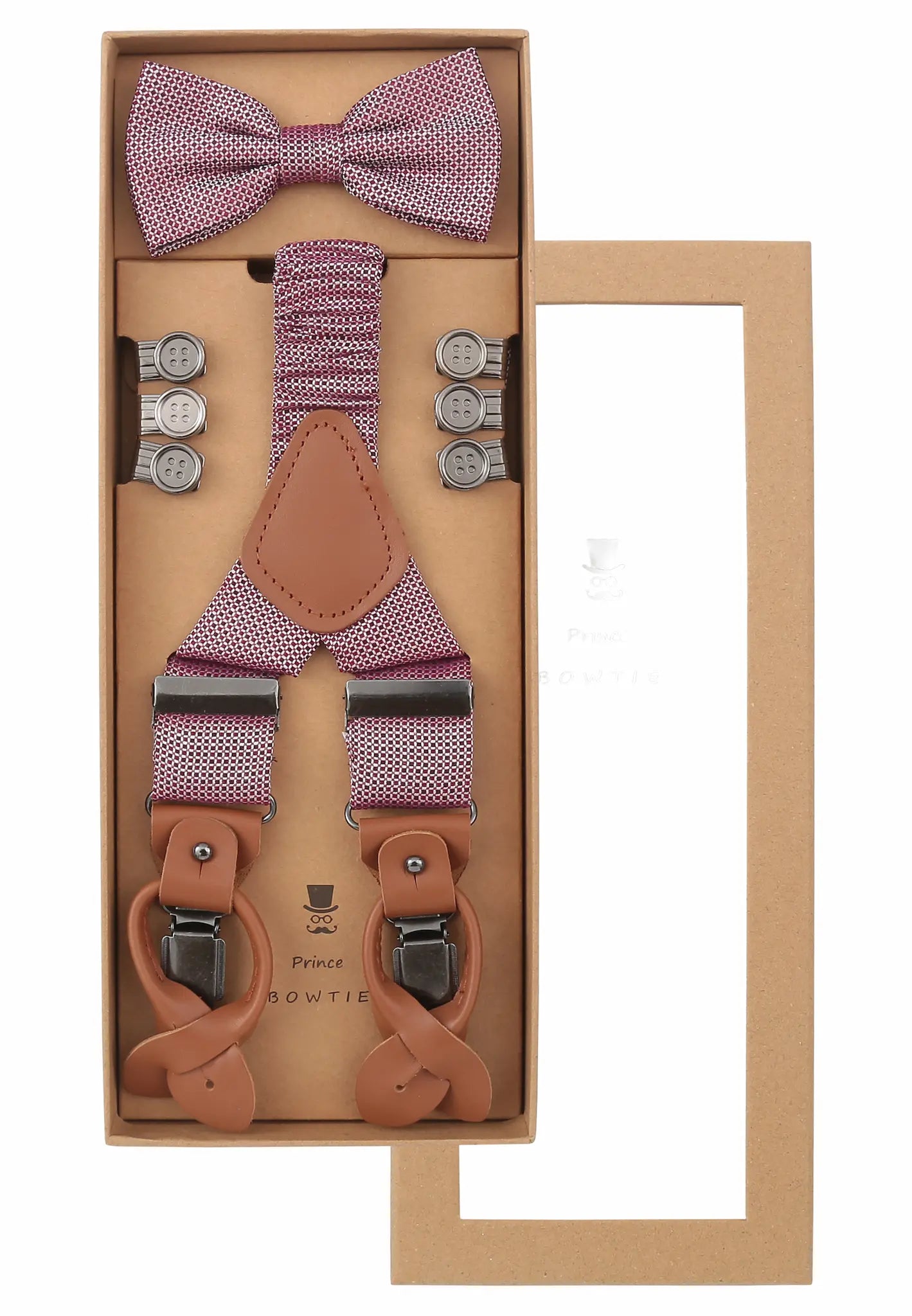 (Bordeaux) Hosenträger Set Herren mit Fliege Mikromuster Seide – Geschenkbox Prince Bowtie