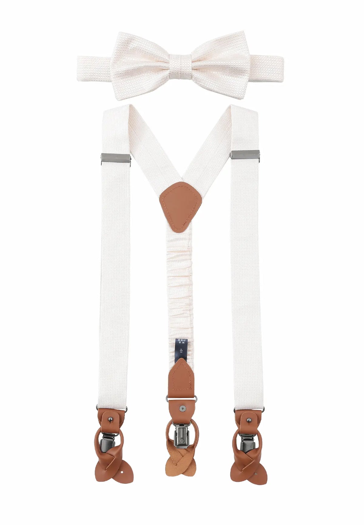 (Off-White) Hosenträger und Fliege Herren Mikromuster Seide – Y-Form mit Lederdetails