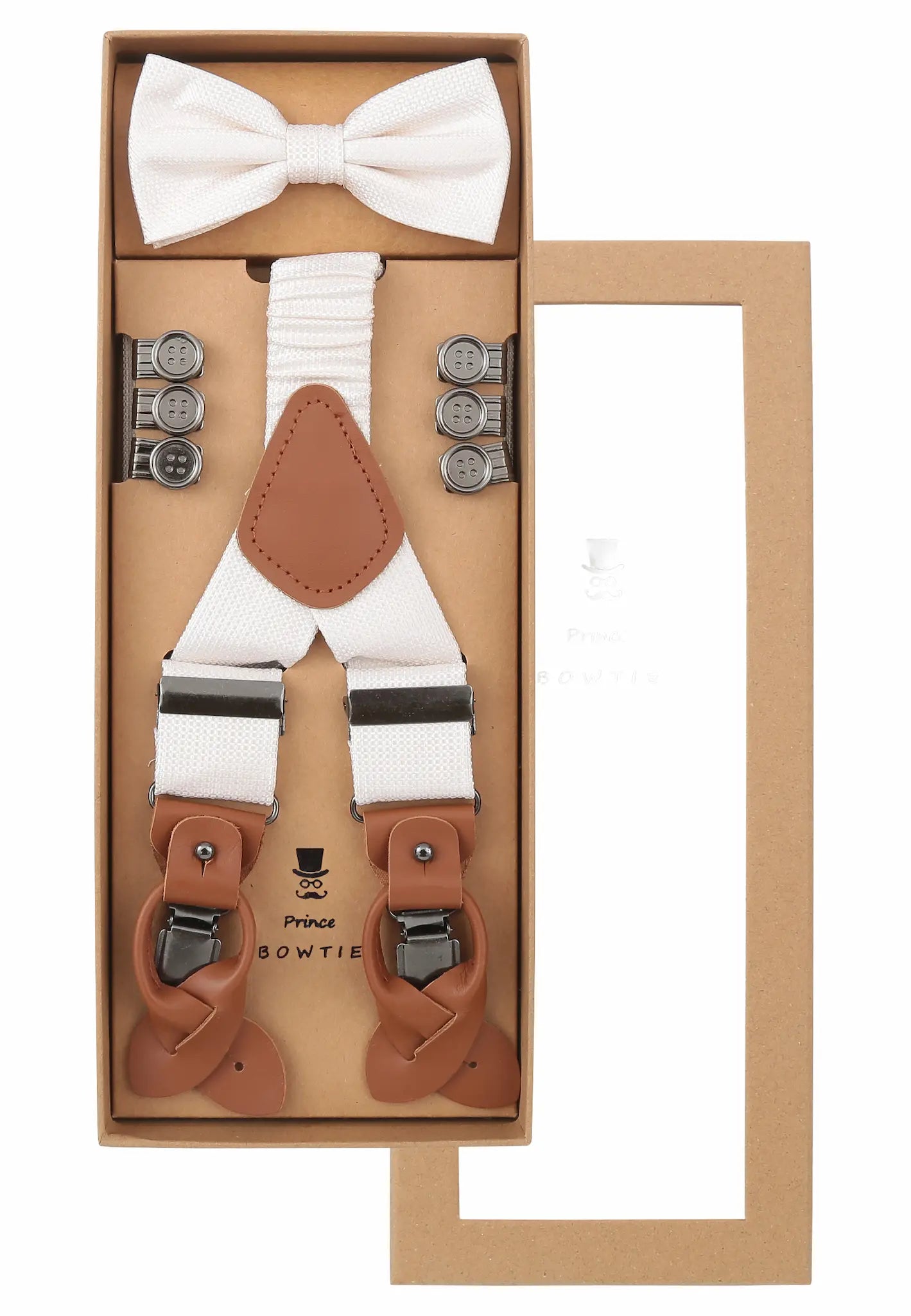 (Off-White) Hosenträger Set Herren mit Fliege Mikromuster Seide – Geschenkbox Prince Bowtie