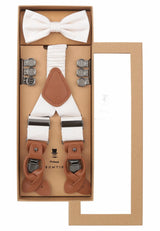 (Off-White) Hosenträger Set Herren mit Fliege Mikromuster Seide – Geschenkbox Prince Bowtie