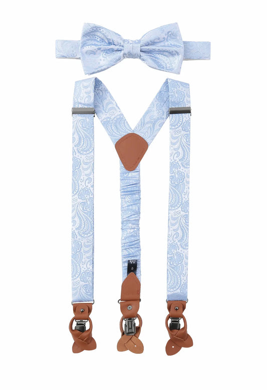 (Hellblau) Hosenträger und Fliege Herren Paisley Seide – Y-Form mit Lederdetails