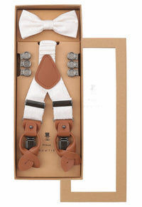 (Off-White) Hosenträger Set Herren mit Fliege Paisley Seide – Geschenkbox Prince Bowtie
