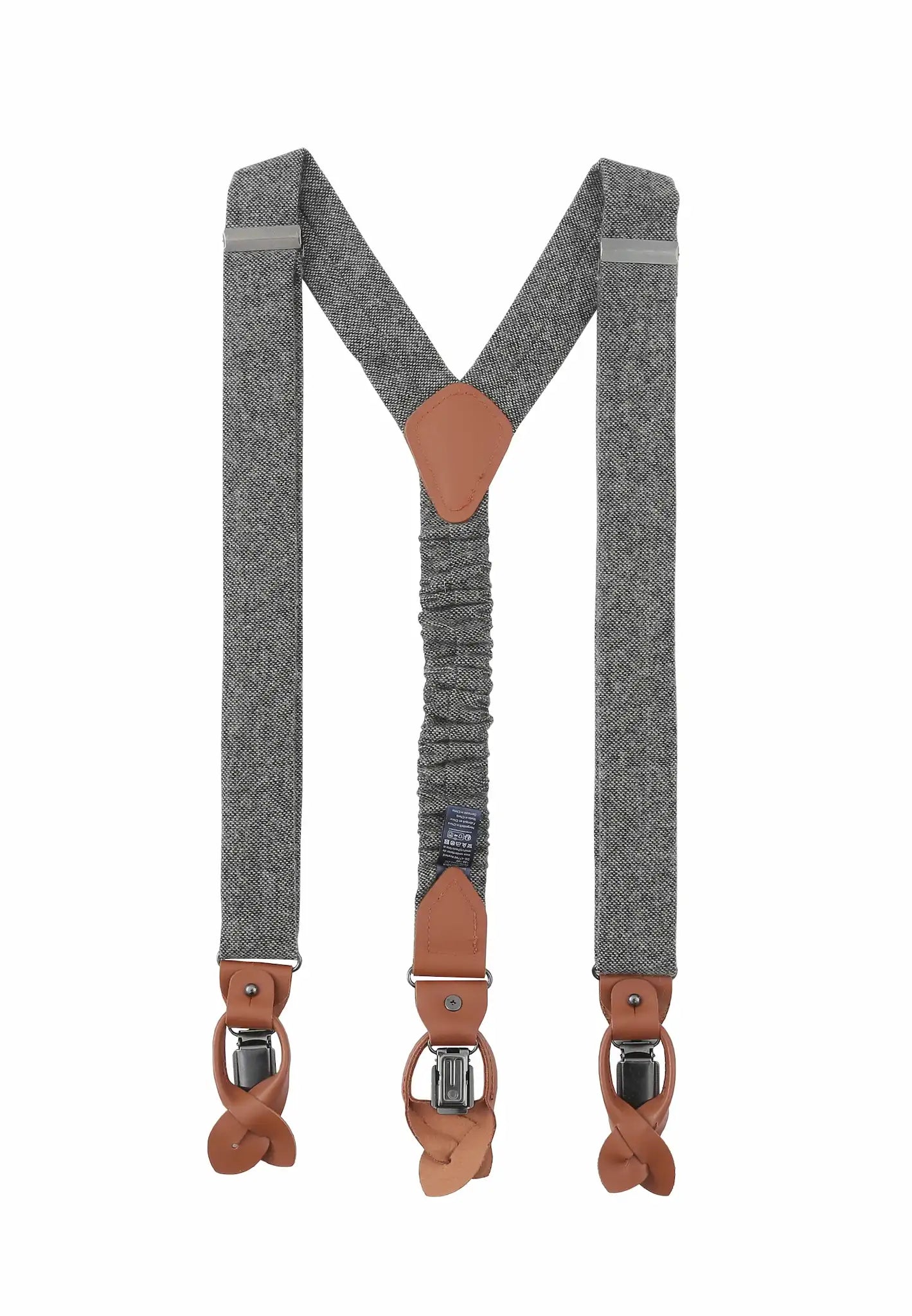 (Grau) Hosenträger Herren Tweed – Rückansicht Y-Form mit Clips und Lederschlaufen
