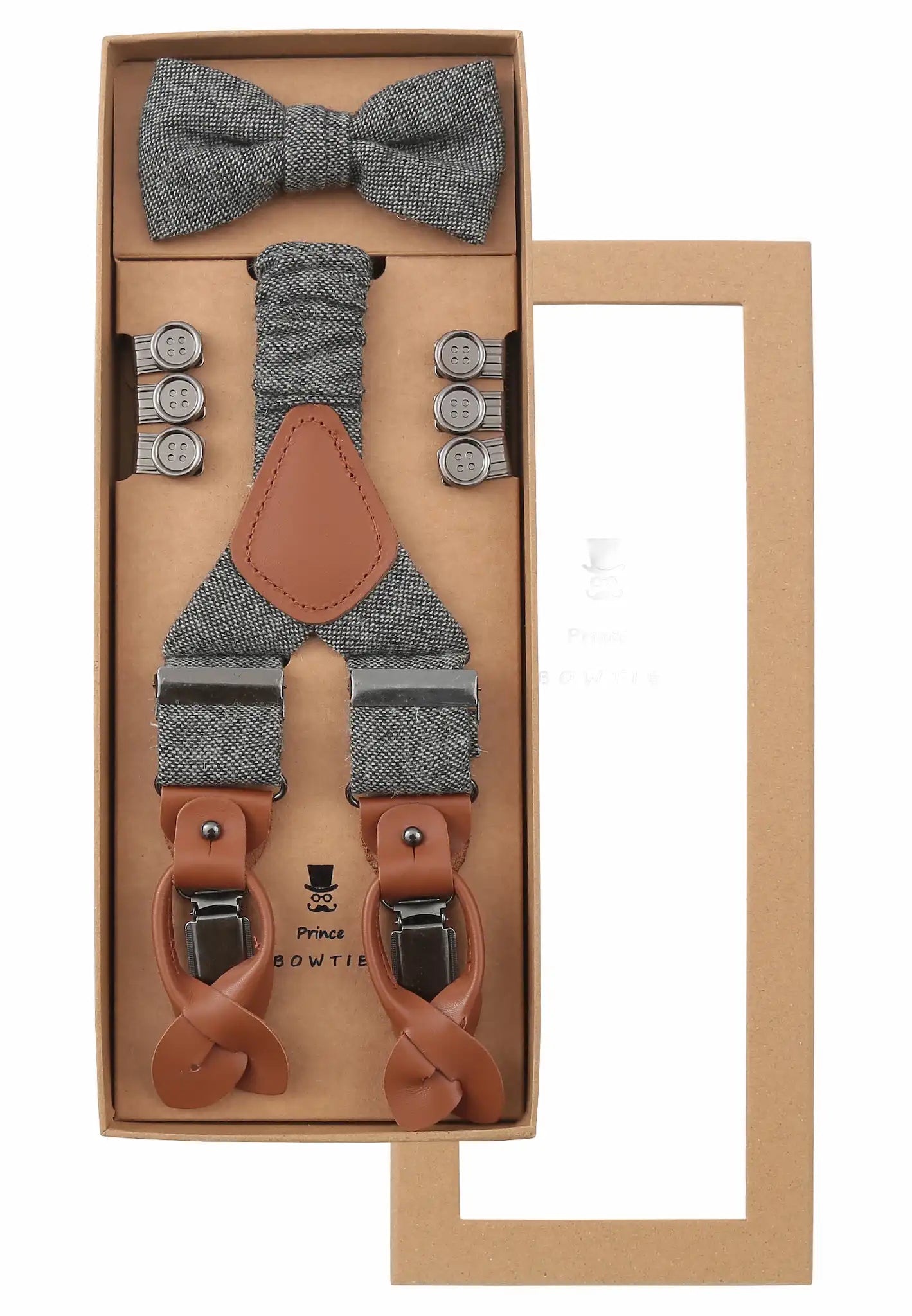 (Grau) Hosenträger Set Herren mit Fliege Tweed Wolle – Geschenkbox Prince Bowtie