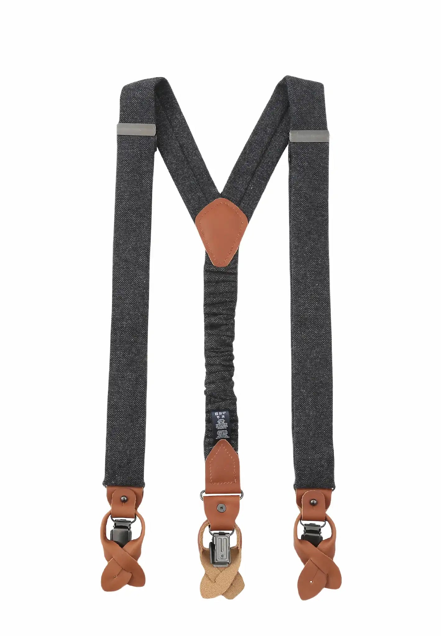 (Anthrazit) Hosenträger Herren Tweed – Rückansicht Y-Form mit Clips und Lederschlaufen
