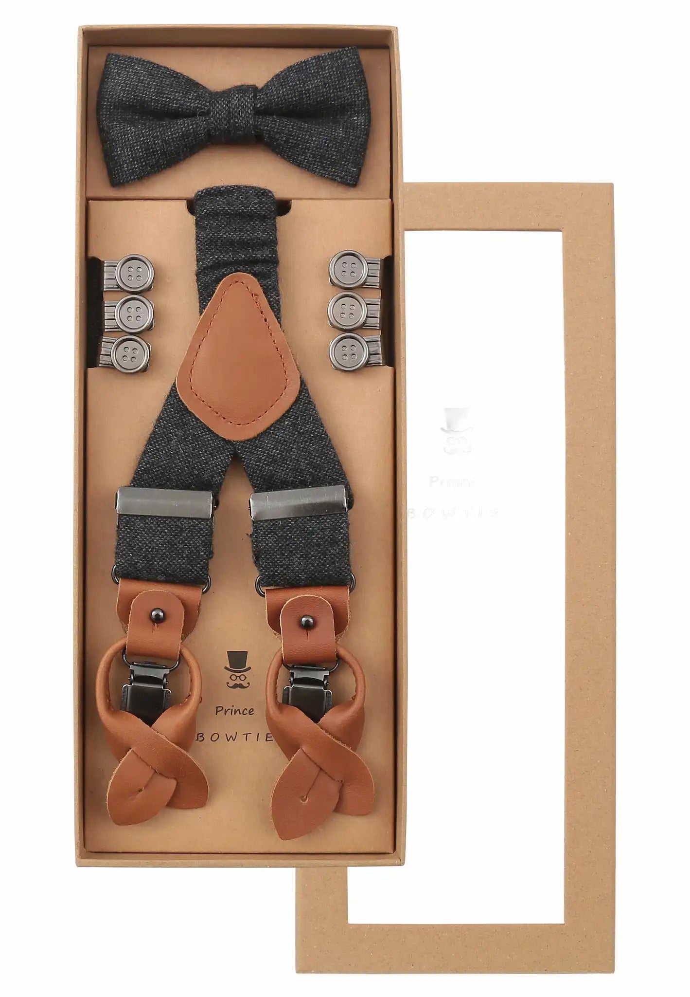 (Anthrazit) Hosenträger Set Herren mit Fliege Tweed Wolle – Geschenkbox Prince Bowtie