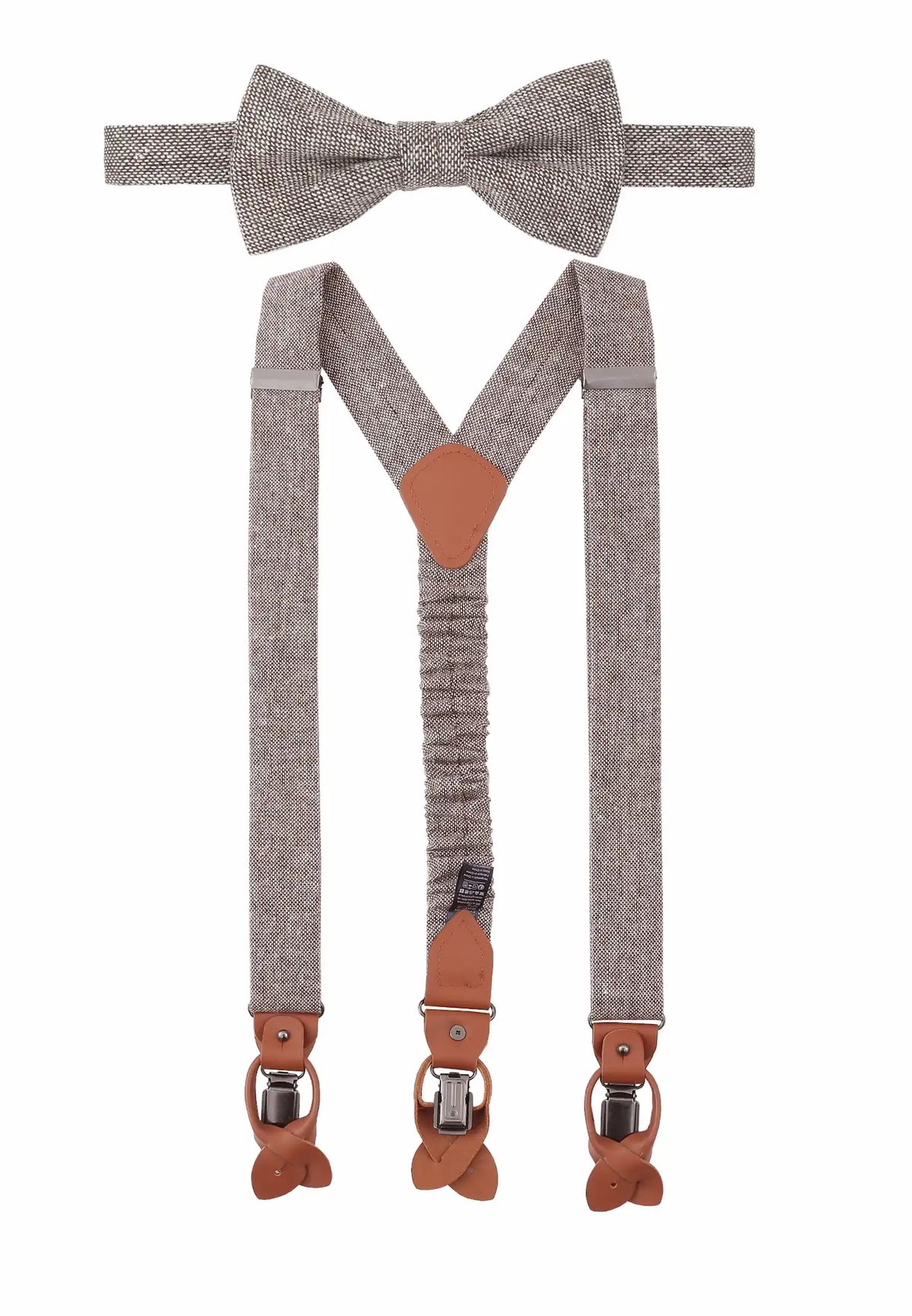 (Beige) Hosenträger und Fliege Herren Tweed – Y-Form mit Lederdetails